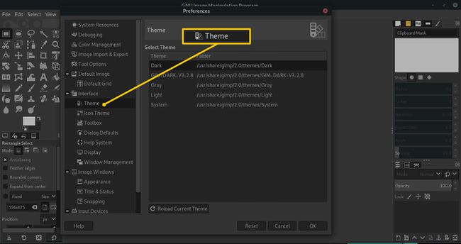 Teema GIMP-asetuksissa