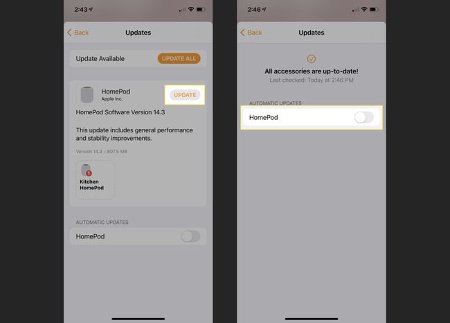 Home-sovelluksen HomePod-ohjelmiston päivitysnäytöt.