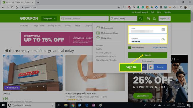 Groupon-näyttö, jossa on kirjautumisalue ja kirjautumispainike