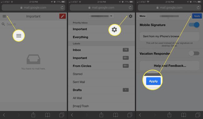 Kolme iOS-näyttöä Gmailille verkossa, hampurilaisvalikko, rataskuvake ja Käytä-painike mobiiliallekirjoitusta varten