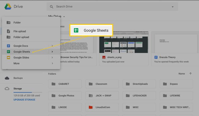 Uusi Google Spreadsheet -valikkokohta Google Drivessa