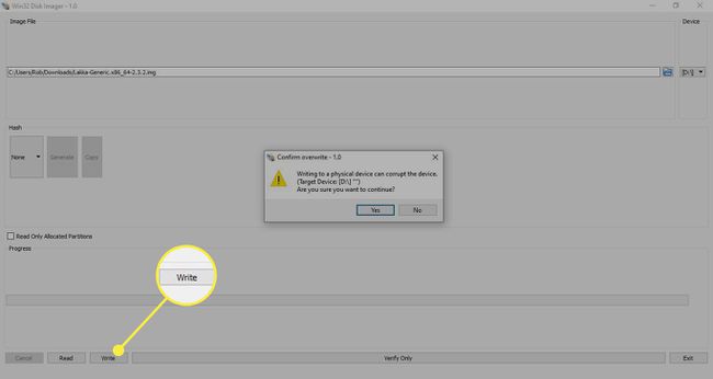 Kirjoituspainike Windows Disk Imagerissä