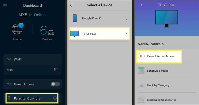 Linksys-sovelluksen keskeyttää Internet-yhteys -vaihtoehto, jossa on Parental Controls, Test PC ja Pause internet access korostettuina