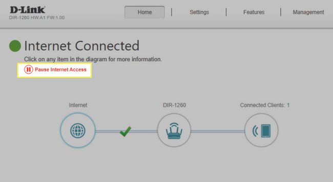 D-Link DIR-1260 tauko Internet-yhteys linkki korostettuna