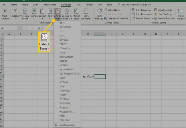 Päivämäärä- ja aikafunktioiden Excel-sijainti.