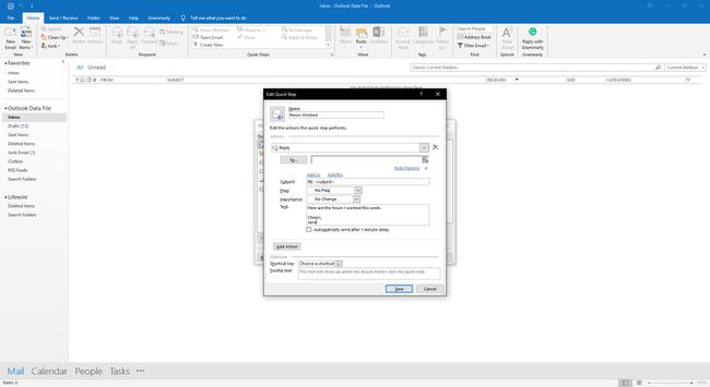 Lisäasetukset nopeille vaiheille Outlookissa.