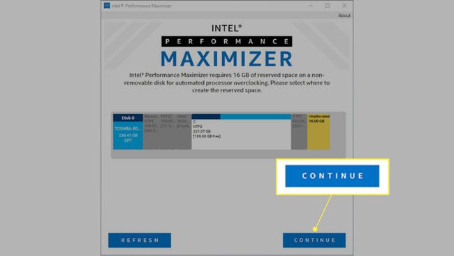 Asemat näkyvät ja Jatka korostettuna Intel Performance Maximizerissa