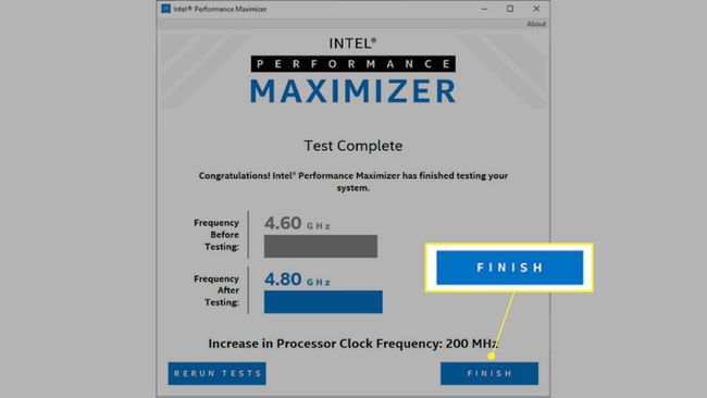 Viimeistely korostettuna Intel Performance Maximizer -yhteenvetonäytössä