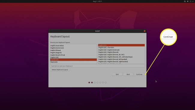 Kuvakaappaus Ubuntun näppäimistöasetteluvaihtoehdoista.