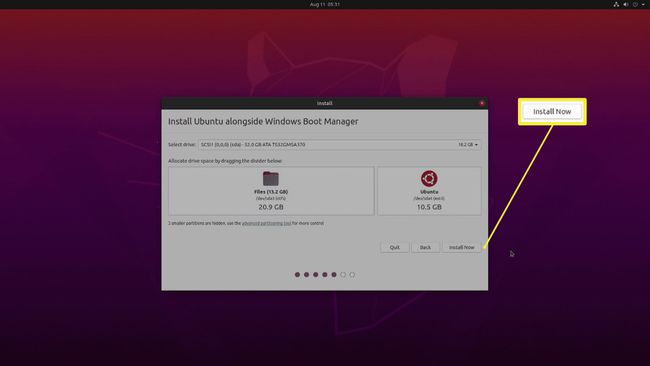 Kuvakaappaus levytilan varaamisesta Ubuntussa.