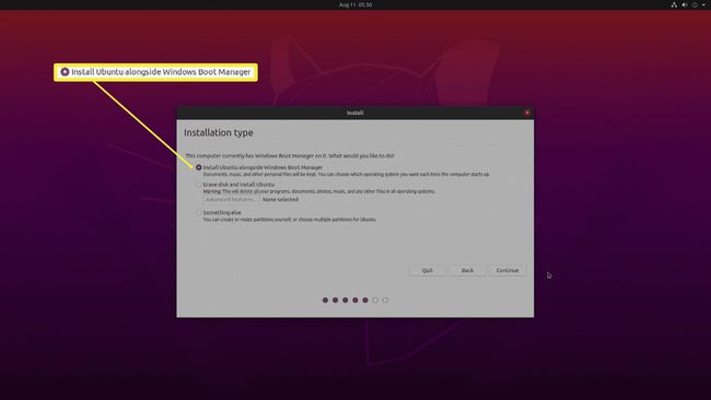 Kuvakaappaus Ubuntun asennustyypeistä.