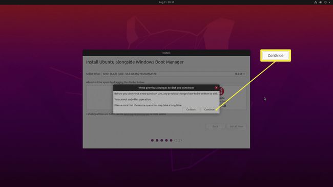 Kuvakaappaus Ubuntun asennuksesta.