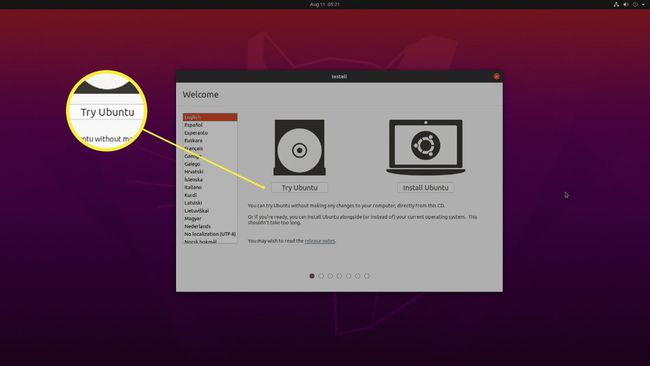 Kuvakaappaus Ubuntun asennusikkunasta.