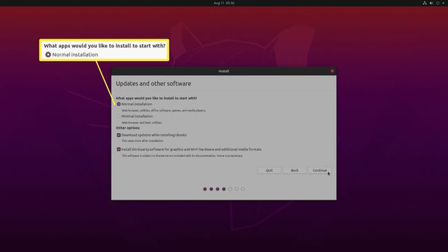 Kuvakaappaus Ubuntun asennusvaihtoehdoista.