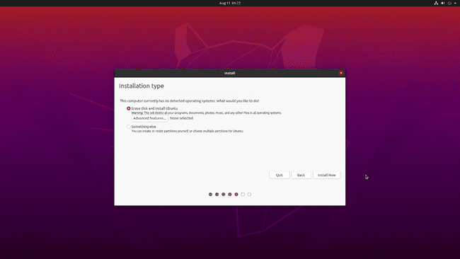 Kuvakaappaus Ubuntun asentamisesta ilman Windowsia.