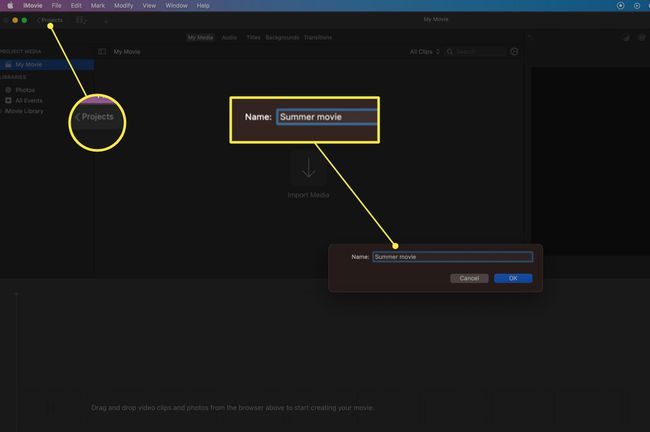 iMovie ja nuoli takaisin kohtaan Projektit ja Nimi-kenttä korostettuna