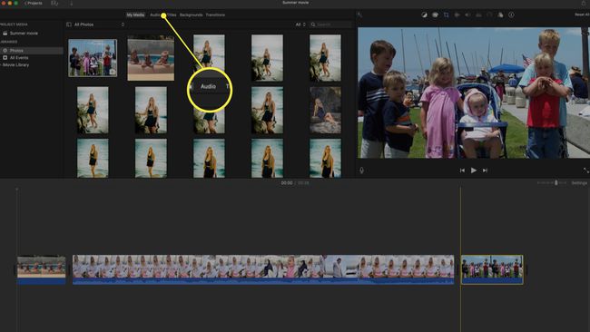 iMovie-projekti, jossa Ääni-välilehti on korostettuna