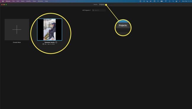 iMovie, jossa projekti-välilehti ja elokuva on valittu