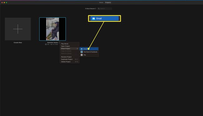 iMovie-projektivaihtoehdot, joissa Sähköposti korostettuna