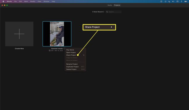 iMovie-projektivalikko, jossa Share Project on korostettuna