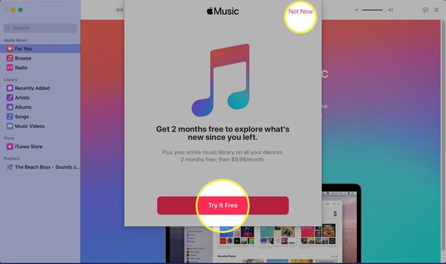 Apple Music ja Try It Free ja Not Now korostettuina