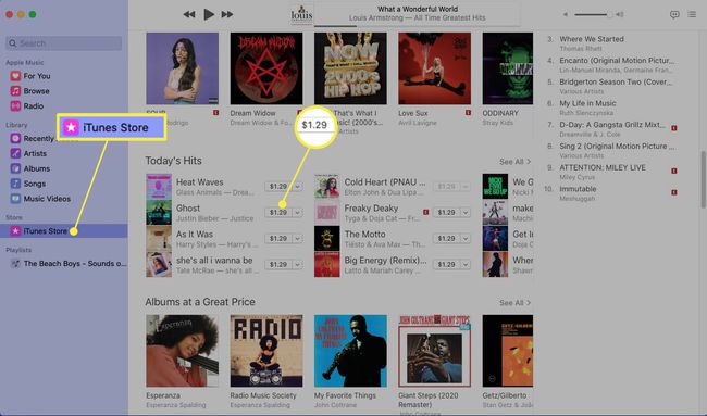 iTunes Store korostettuna Apple Musicissa ja kappalevalinnan hinta korostettuna