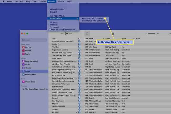 Apple Music -tilivalikko, jossa on Valtuuta tämä tietokone korostettuna