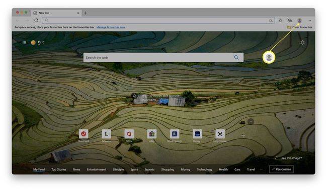 Microsoft Edge, jossa profiilikuvake korostettuna