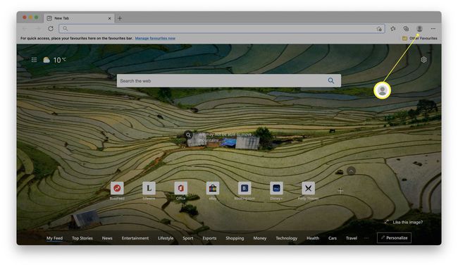 Microsoft Edge, jossa profiilikuvake korostettuna