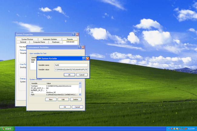 Windows XP polkujärjestelmän muuttujan tekstiruutu