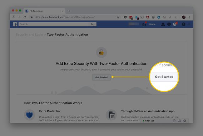 Aloita -painike korostettuna Facebookin kaksitekijäisellä todennussivulla