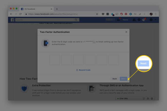 Facebookin kaksivaiheinen todennus 6-numeroisilla koodikentillä ja Seuraava-painikkeella