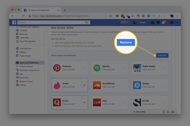 Poista-painike korostettuna Facebookin sovellusten ja verkkosivustojen asetussivun kuvakaappauksessa