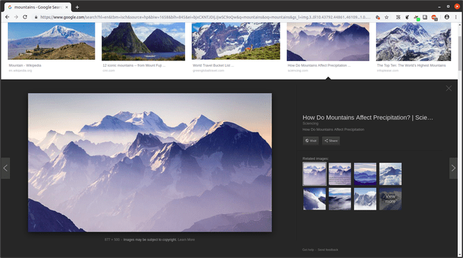 Google-kuvahaun tulossivu hakutermille "vuoret", jossa on kuva valitusta vuoresta, Google Chrome -selaimessa.