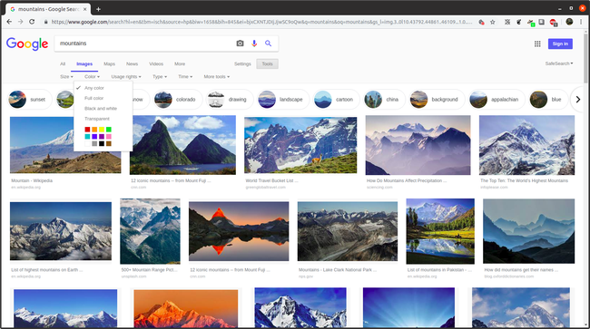 Google-kuvahaun tulossivu hakutermillä "vuoret" avattavan Väri-valikon ollessa auki.