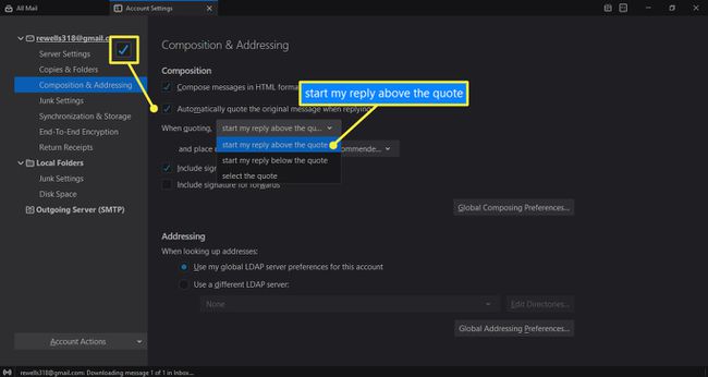 Lainaa alkuperäistä viestiä automaattisesti, kun vastaus on valittuna, ja aloita vastaukseni lainauksen yläpuolella Thunderbird-tilin asetuksissa