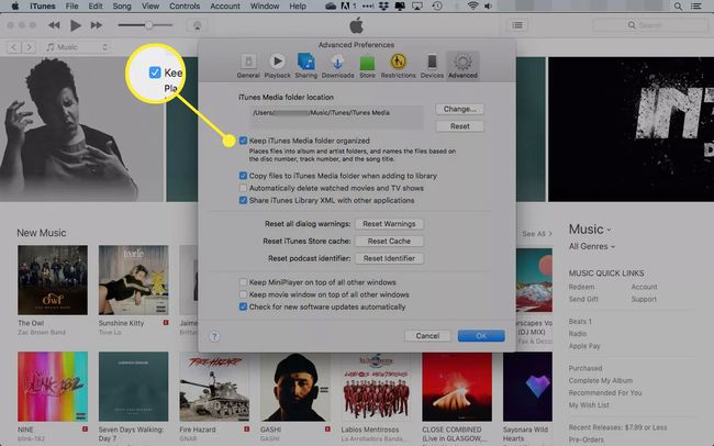 iTunesin lisäasetukset, kun "Pidä iTunes Media -kansio järjestyksessä" -ruutu on valittuna