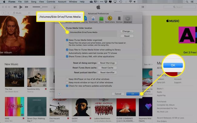 iTunesin lisäasetukset, joissa "iTunes Media -kansion sijainti" ja OK-painike on korostettuna