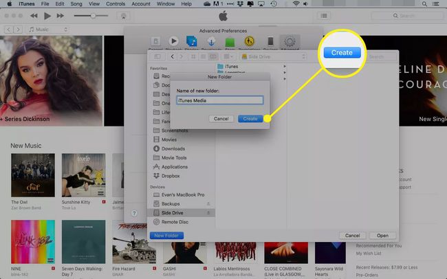 Uusi kansio -valintaikkuna iTunesissa Luo-painikkeella korostettuna