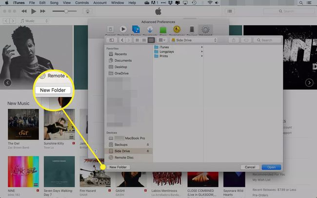 iTunes Finderin sijainti, uusi kansio korostettuna