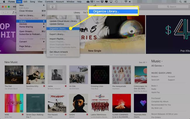 iTunes Macissa, jossa Järjestä kirjasto -vaihtoehto on korostettuna