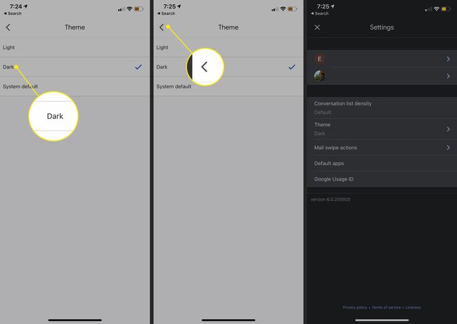 Tumma-teemavaihtoehto ja Takaisin-painike Gmail-sovelluksessa