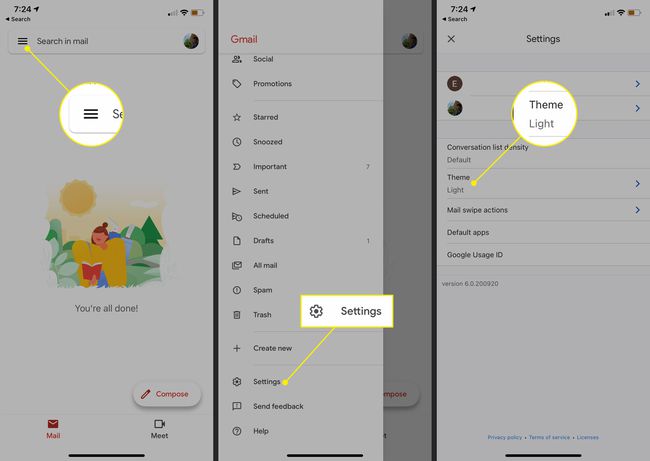 iPhonen Gmail-sovelluksen Lisää-, Asetukset- ja Teema-valikko