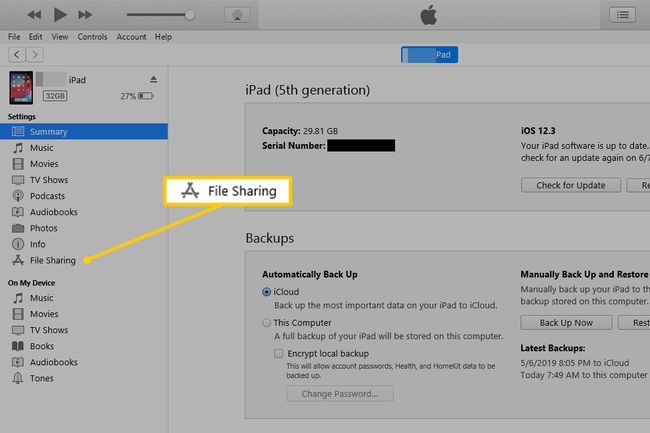 Tiedostonjako-välilehti iTunesissa