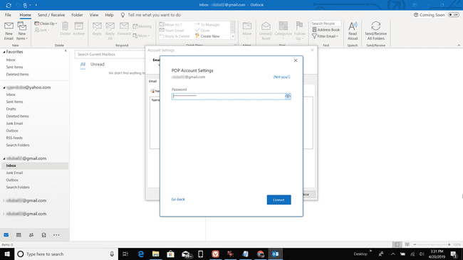 Näyttökaappaus POP-tilin salasanan syöttämisestä Outlookissa