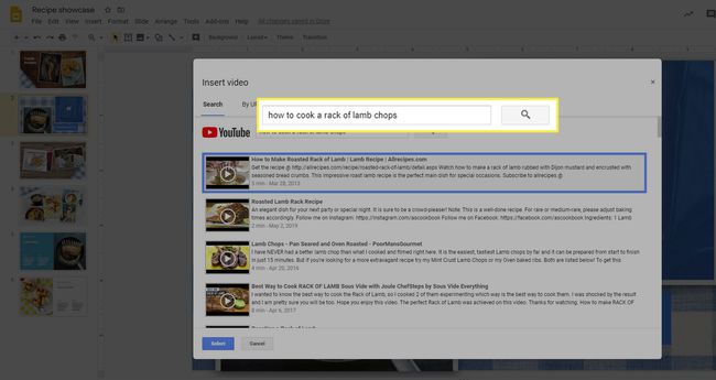 YouTube-hakukenttä, kun lisäät videota Google Slidesiin.