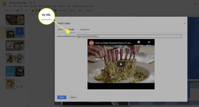 Mahdollisuus lisätä YouTube-video URL-osoitteen perusteella Google Slidesissa.