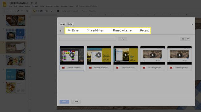 Google Driven vaihtoehdot videon lisäämiseksi Google Slidesiin.