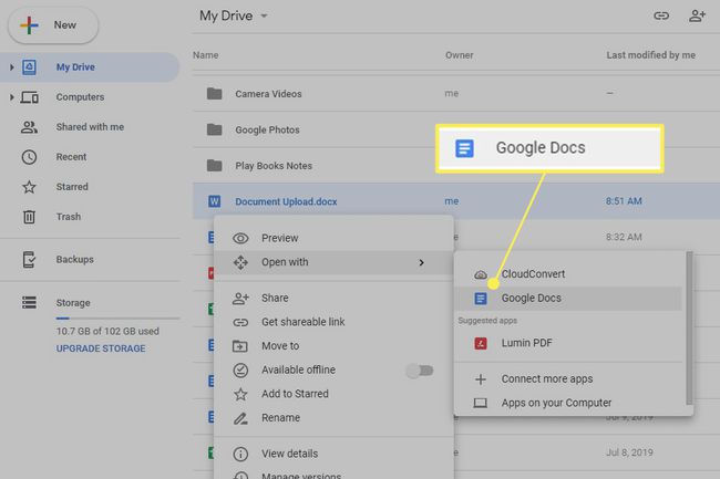 Avaa Google Docs -valikosta Google Drivessa