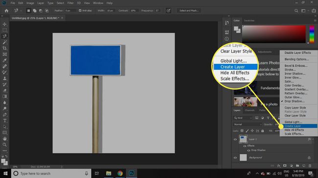 Kuvakaappaus Photoshopista, jossa Create Layer -komento on korostettuna